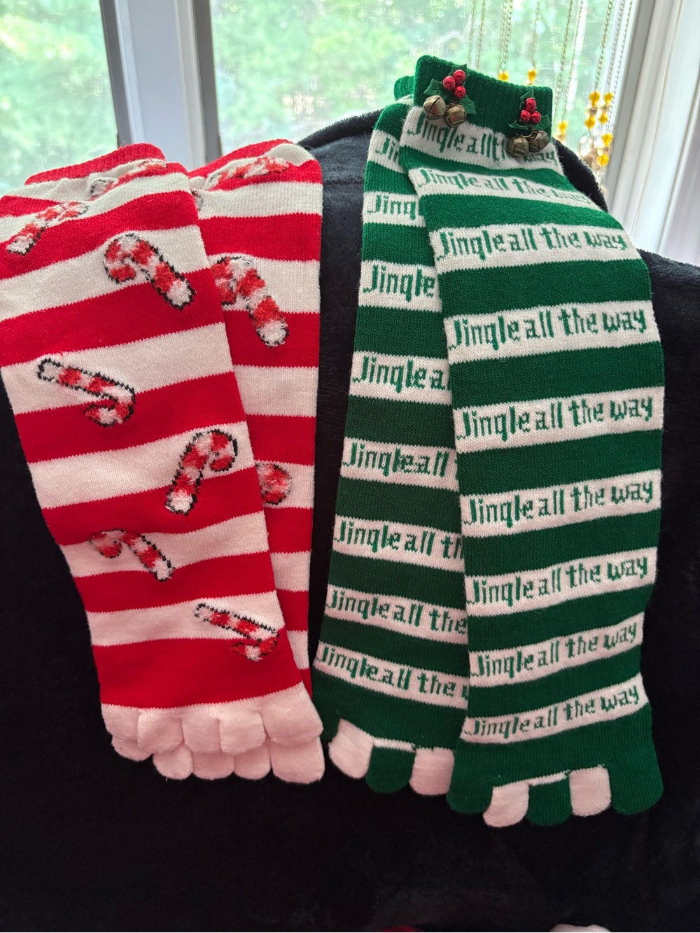2 Pairs of Holiday Toe Socks - Red & White Candy Cane + Green & White